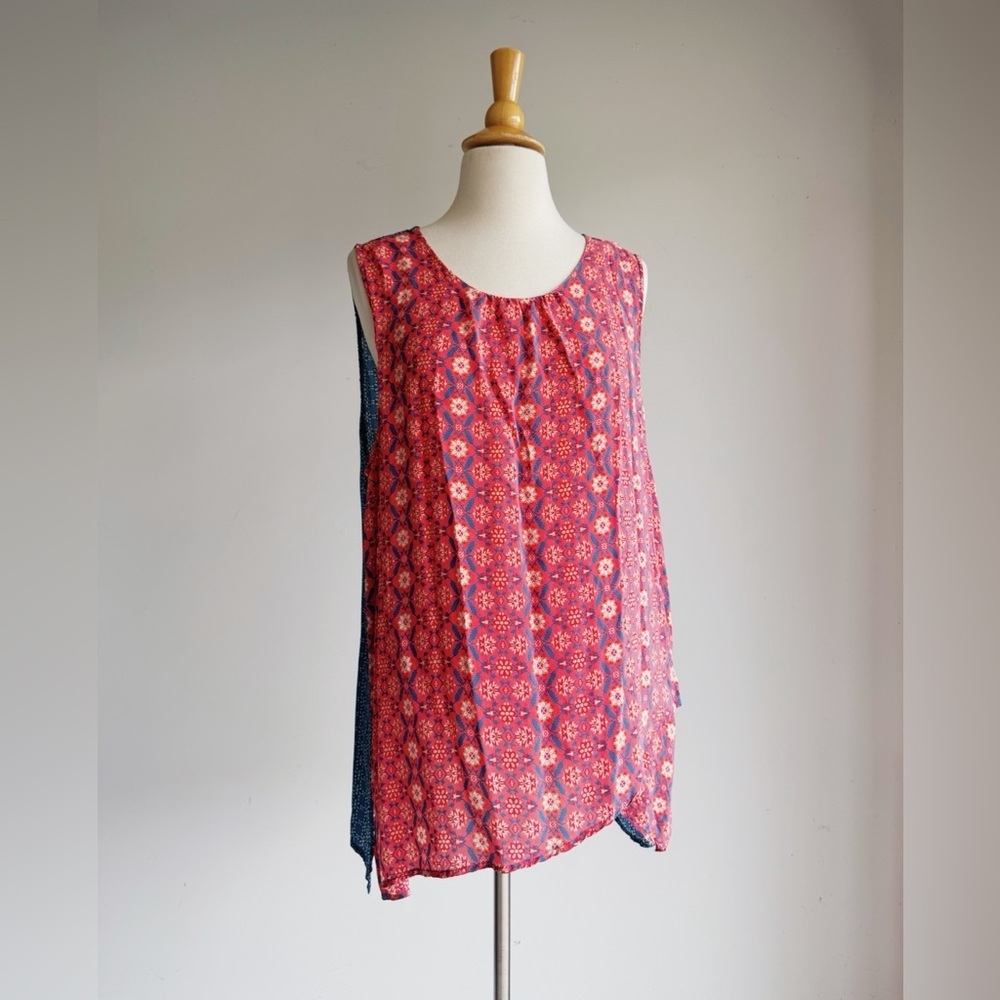 TOLANI Coral Red and Blue Floral Silk Blouse Size Large